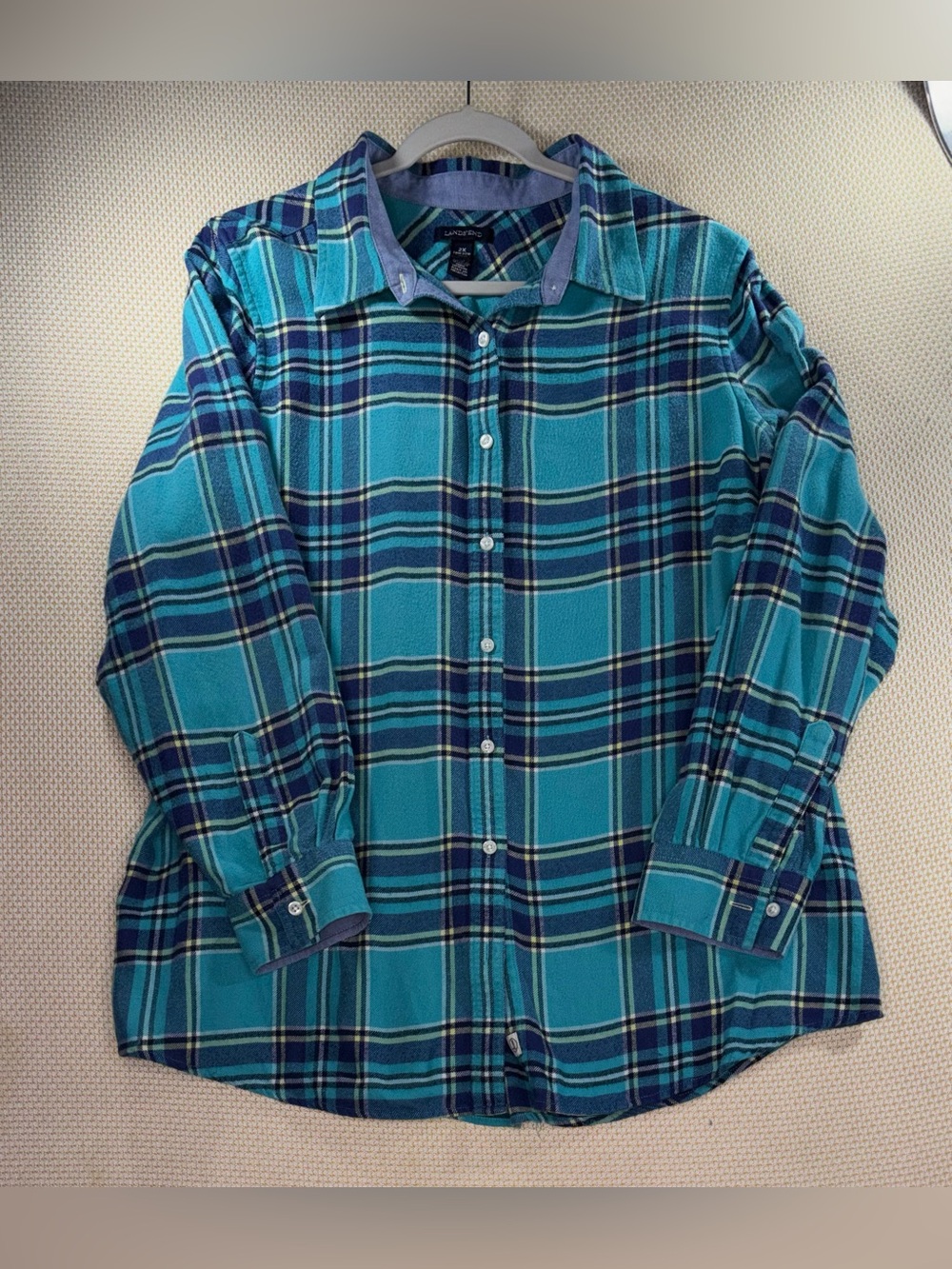 Lands' End Teal & Navy Plaid Button-Down Shirt 2x